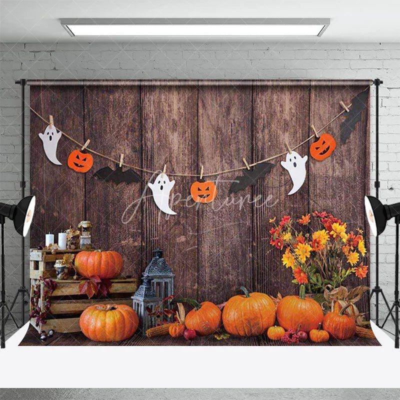 Aperturee - Aperturee Rustic Halloween Pumpkin Combo Set Backdrop Wood Wall with Ghost Garland Fall Farmhouse Party Photos