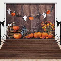 Aperturee - Aperturee Rustic Halloween Pumpkin Combo Set Backdrop Wood Wall with Ghost Garland Fall Farmhouse Party Photos