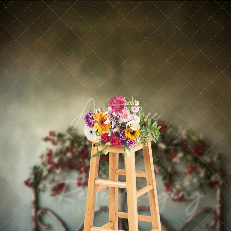 Aperturee - Aperturee Rustic Iron Bed Backdrop Vintage Headboard Red Berry Garland Moody Green Wall Photo Background