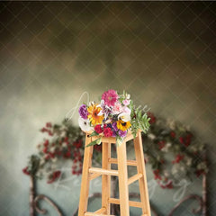 Aperturee - Aperturee Rustic Iron Bed Backdrop Vintage Headboard Red Berry Garland Moody Green Wall Photo Background