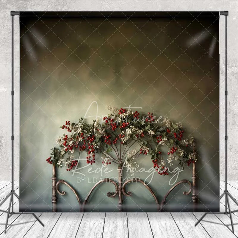 Aperturee - Aperturee Rustic Iron Bed Backdrop Vintage Headboard Red Berry Garland Moody Green Wall Photo Background