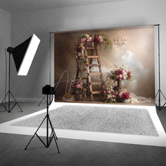 Aperturee - Aperturee Rustic Ladder with Flowers Photography Backdrop Farmhouse Wedding Decor Romantic Chandelier Photo Background