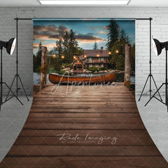 Aperturee - Aperturee Rustic Lake Cabin Wooden Dock Backdrop Vintage Canoe and String Lights Photography Background for Portrait