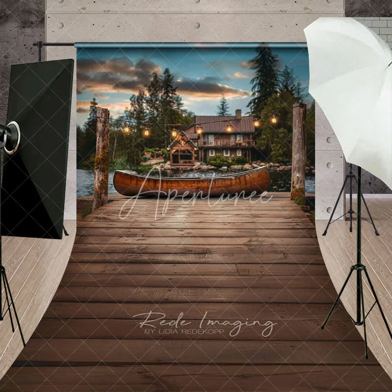 Aperturee - Aperturee Rustic Lake Cabin Wooden Dock Backdrop Vintage Canoe and String Lights Photography Background for Portrait