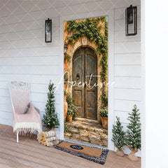 Aperturee - Aperturee Rustic Mediterranean Weathered Wooden Door Cover with Stone Arch Lush Green Ivy and Terracotta Pots Decor