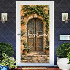 Aperturee - Aperturee Rustic Mediterranean Weathered Wooden Door Cover with Stone Arch Lush Green Ivy and Terracotta Pots Decor