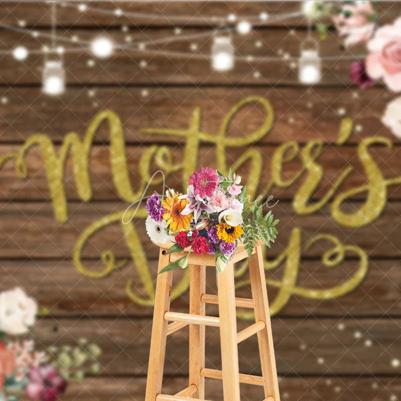Aperturee - Aperturee Rustic Mother’s Day Backdrop Wood Floor and String Lights Floral Photo Background