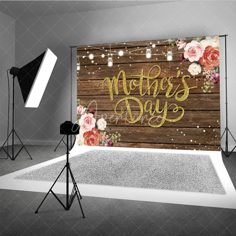Aperturee - Aperturee Rustic Mother’s Day Backdrop Wood Floor and String Lights Floral Photo Background