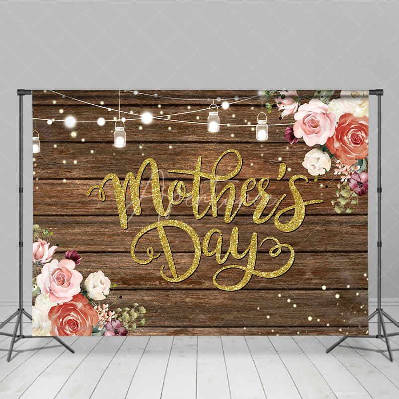 Aperturee - Aperturee Rustic Mother’s Day Backdrop Wood Floor and String Lights Floral Photo Background