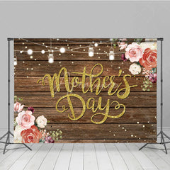 Aperturee - Aperturee Rustic Mother’s Day Backdrop Wood Floor and String Lights Floral Photo Background