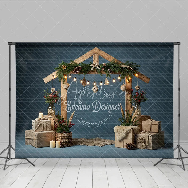 Aperturee - Aperturee Rustic Nativity Manger Arch Photography Backdrop Wooden Stable for Christmas Religious Holiday Photo Background
