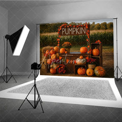 Aperturee - Aperturee Rustic Pumpkin Patch Stand Photography Backdrop Autumn Harvest Scene with Hay Bales Fall Mini Session Background