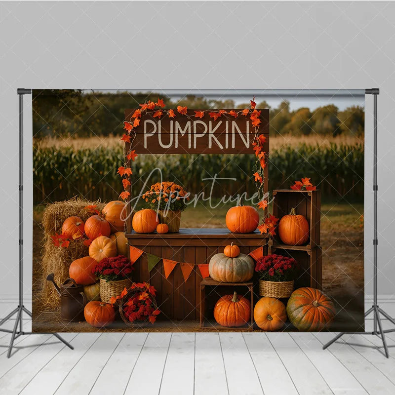 Aperturee - Aperturee Rustic Pumpkin Patch Stand Photography Backdrop Autumn Harvest Scene with Hay Bales Fall Mini Session Background