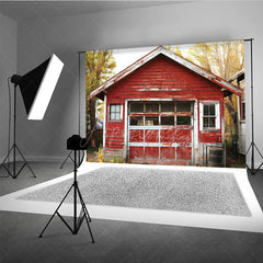 Aperturee Aperturee Rustic Red Barn Garage Photography Backdrop Old Farm Building in an Autumn Forest Countryside Photo Prop Scene