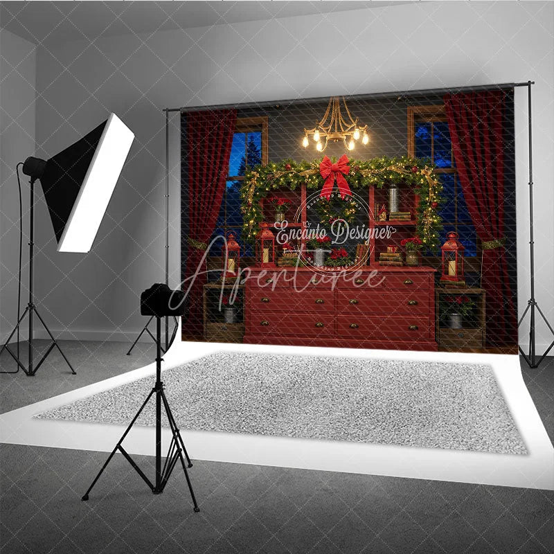 Aperturee - Aperturee Rustic Red Hutch Christmas Photography Backdrop Cozy Farmhouse Decor Holiday Mini Session Background