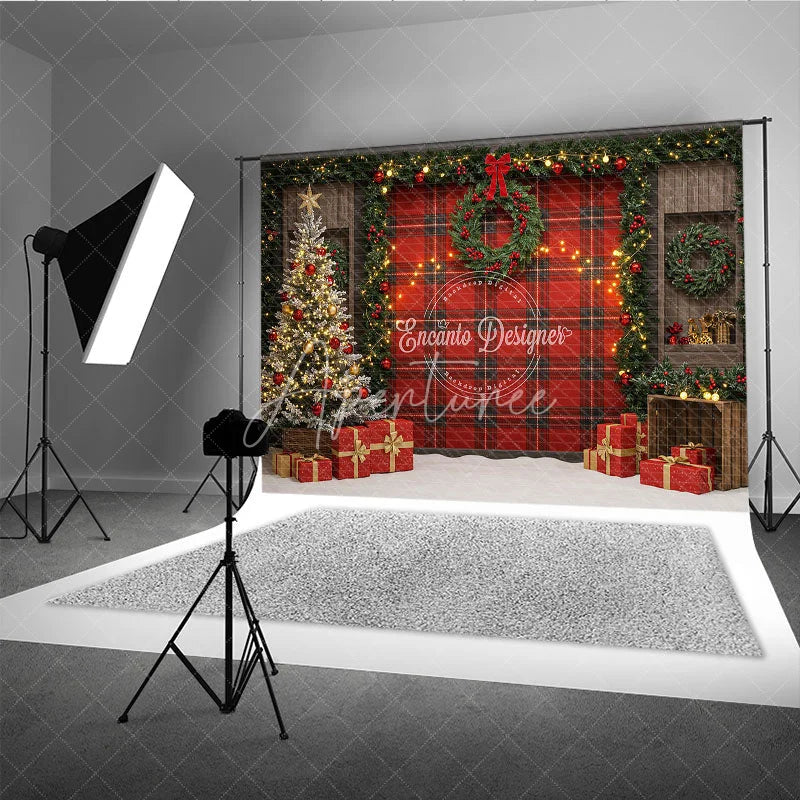 Aperturee - Aperturee Rustic Red Plaid Christmas Photography Backdrop Farmhouse Decor with Flocked Tree Buffalo Check Background