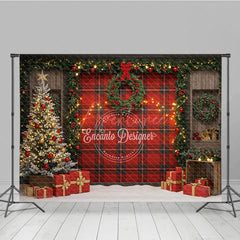 Aperturee - Aperturee Rustic Red Plaid Christmas Photography Backdrop Farmhouse Decor with Flocked Tree Buffalo Check Background