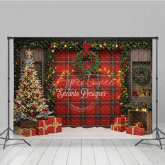 Aperturee - Aperturee Rustic Red Plaid Christmas Photography Backdrop Farmhouse Decor with Flocked Tree Buffalo Check Background