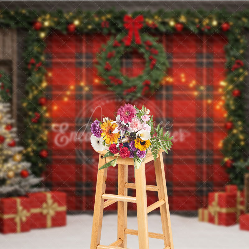 Aperturee - Aperturee Rustic Red Plaid Christmas Photography Backdrop Farmhouse Decor with Flocked Tree Buffalo Check Background
