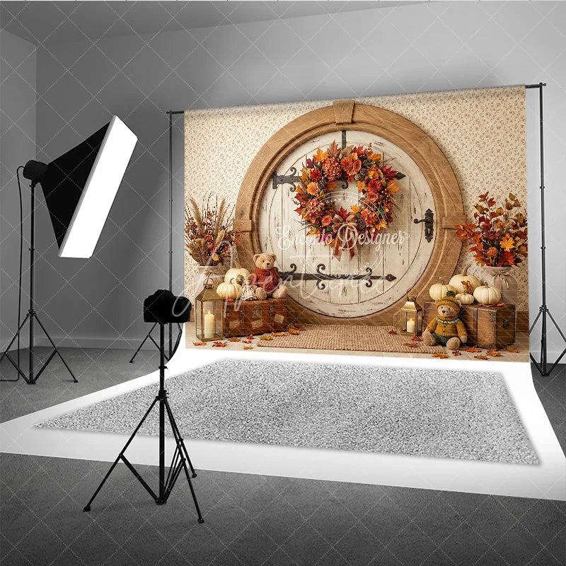 Aperturee - Aperturee Rustic Round Door Autumn Photography Backdrop Vibrant Fall Wreath Pumpkins Cozy Teddy Bears for Seasonal Photos