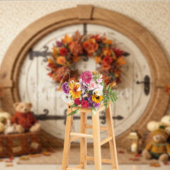 Aperturee - Aperturee Rustic Round Door Autumn Photography Backdrop Vibrant Fall Wreath Pumpkins Cozy Teddy Bears for Seasonal Photos