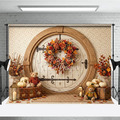 Aperturee - Aperturee Rustic Round Door Autumn Photography Backdrop Vibrant Fall Wreath Pumpkins Cozy Teddy Bears for Seasonal Photos