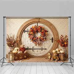 Aperturee - Aperturee Rustic Round Door Autumn Photography Backdrop Vibrant Fall Wreath Pumpkins Cozy Teddy Bears for Seasonal Photos
