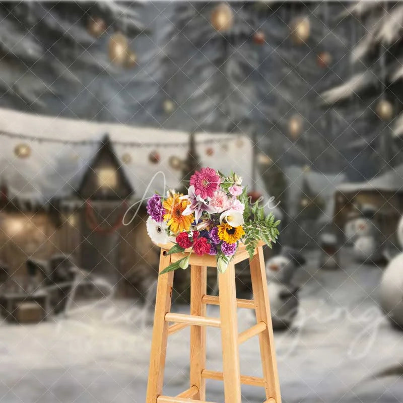 Aperturee - Aperturee Rustic Snowman Village Backdrop Snowy Wooden Huts Winter Night Illustration Photo Background