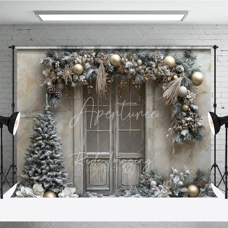 Aperturee - Aperturee Rustic Snowy Door Photography Backdrop Champagne and Silver Garland Flocked Tree Winter Holiday Background