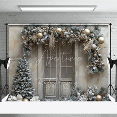 Aperturee - Aperturee Rustic Snowy Door Photography Backdrop Champagne and Silver Garland Flocked Tree Winter Holiday Background