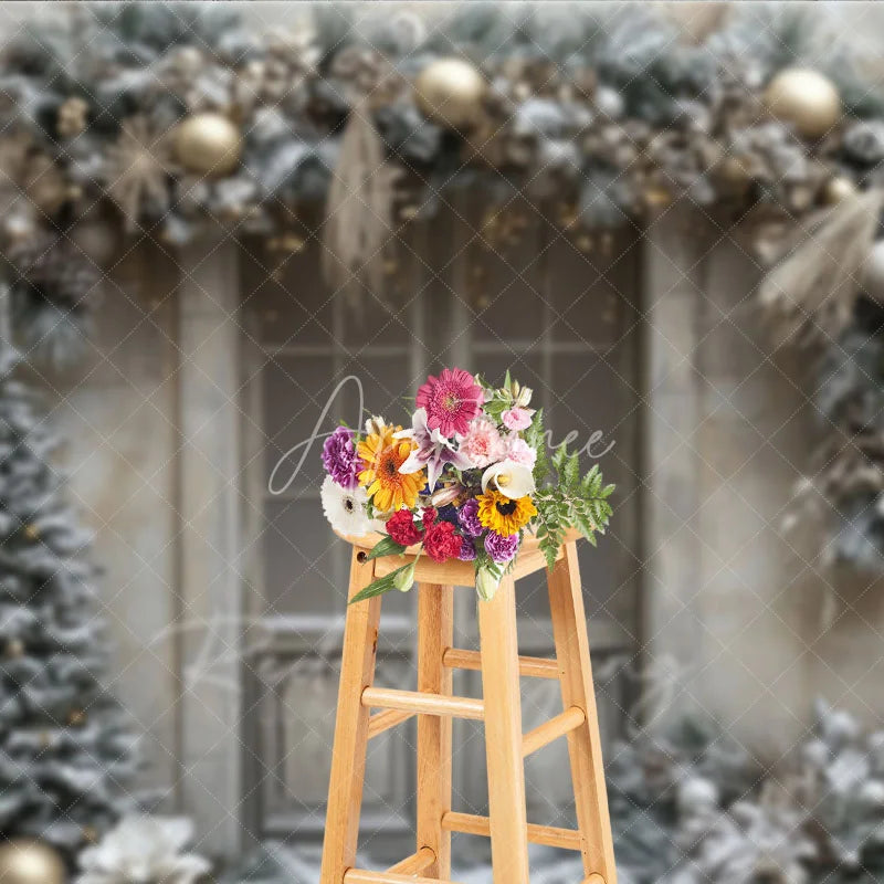 Aperturee - Aperturee Rustic Snowy Door Photography Backdrop Champagne and Silver Garland Flocked Tree Winter Holiday Background