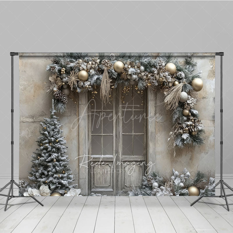 Aperturee - Aperturee Rustic Snowy Door Photography Backdrop Champagne and Silver Garland Flocked Tree Winter Holiday Background