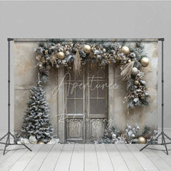 Aperturee - Aperturee Rustic Snowy Door Photography Backdrop Champagne and Silver Garland Flocked Tree Winter Holiday Background