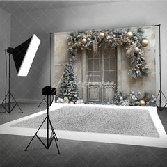 Aperturee - Aperturee Rustic Snowy Door Photography Backdrop Champagne and Silver Garland Flocked Tree Winter Holiday Background