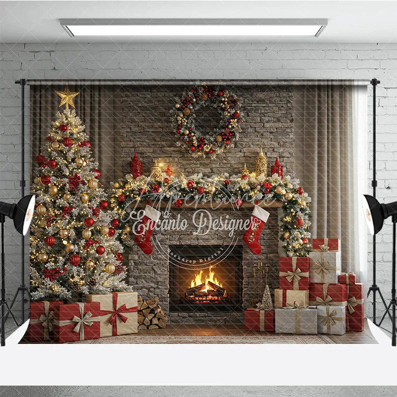 Aperturee - Aperturee Rustic Stone Fireplace Photography Backdrop Christmas Tree with Stockings Cozy Holiday Mini Session Background