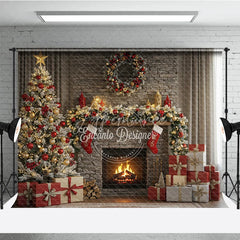 Aperturee - Aperturee Rustic Stone Fireplace Photography Backdrop Christmas Tree with Stockings Cozy Holiday Mini Session Background