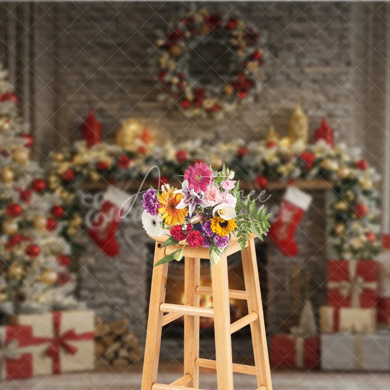 Aperturee - Aperturee Rustic Stone Fireplace Photography Backdrop Christmas Tree with Stockings Cozy Holiday Mini Session Background
