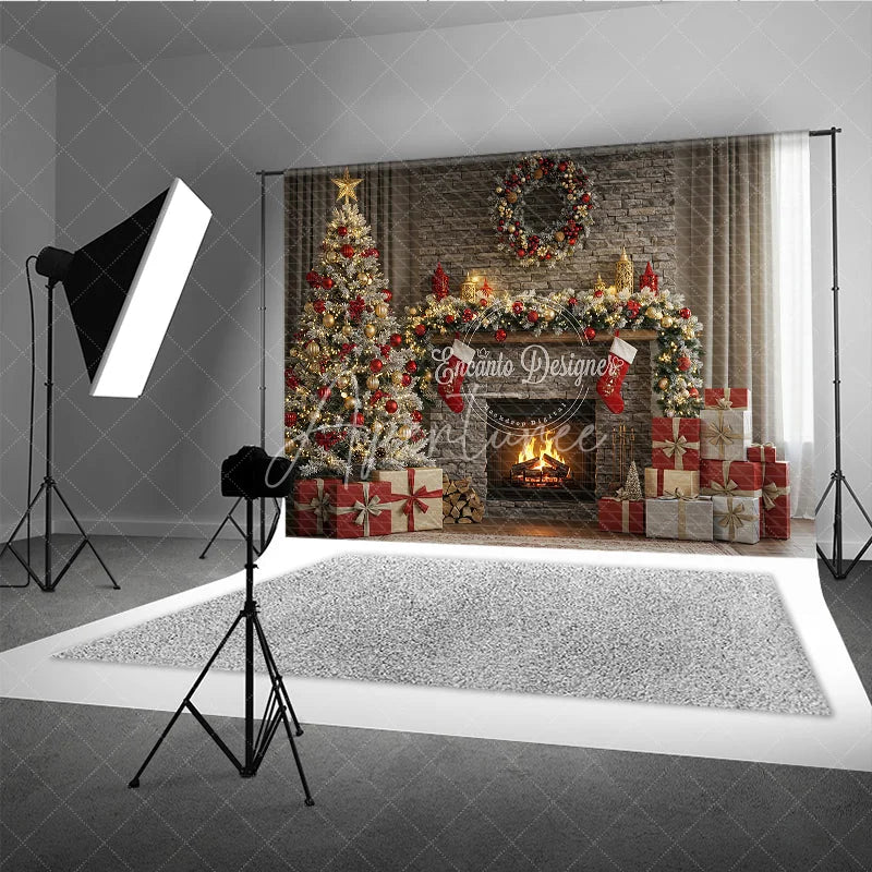 Aperturee - Aperturee Rustic Stone Fireplace Photography Backdrop Christmas Tree with Stockings Cozy Holiday Mini Session Background