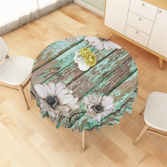 Aperturee - Aperturee Rustic Teal Wood Daisy Round Tablecloth Vintage White Flower Wooden Table Cover for Kitchen
