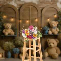 Aperturee - Aperturee Rustic Teddy Bear Cake Smash Photography Backdrop Shutter Doors with String Lights Baby’s Breath Floral Decor