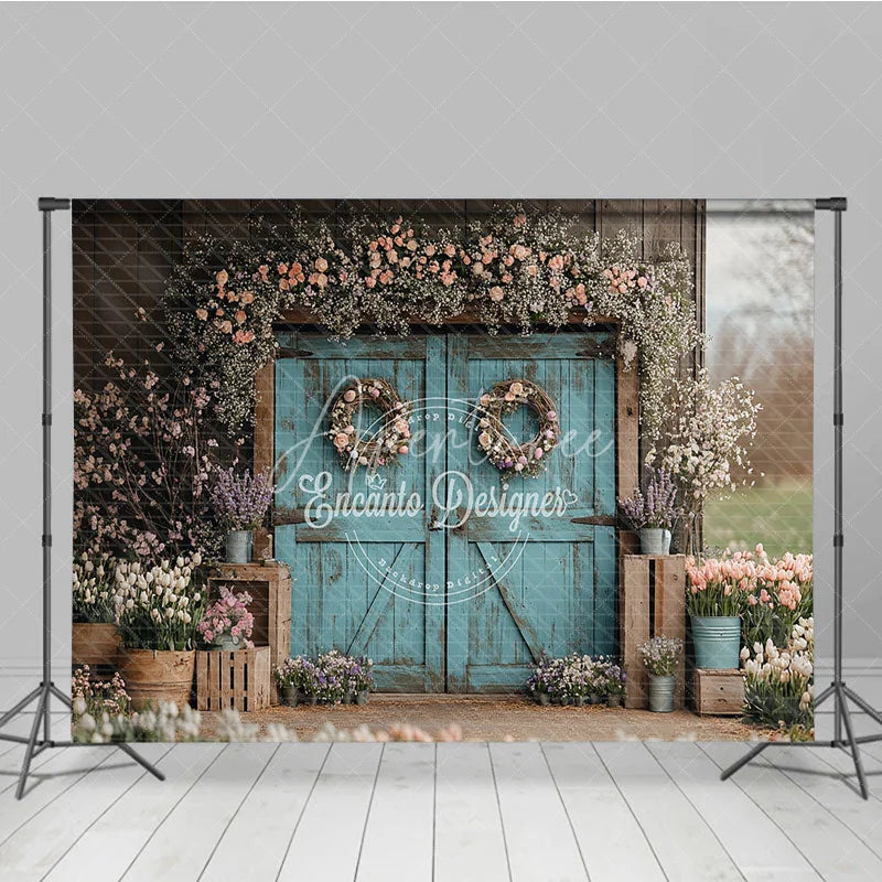 Aperturee - Aperturee Rustic Turquoise Barn Door Photography Backdrop Spring Floral Garden Theme for Easter Wedding Party