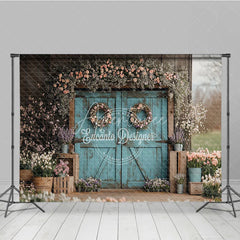 Aperturee - Aperturee Rustic Turquoise Barn Door Photography Backdrop Spring Floral Garden Theme for Easter Wedding Party