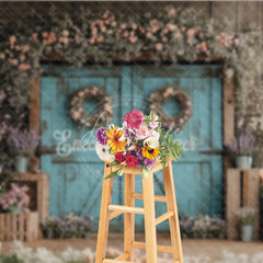 Aperturee - Aperturee Rustic Turquoise Barn Door Photography Backdrop Spring Floral Garden Theme for Easter Wedding Party