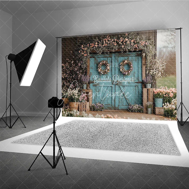 Aperturee - Aperturee Rustic Turquoise Barn Door Photography Backdrop Spring Floral Garden Theme for Easter Wedding Party