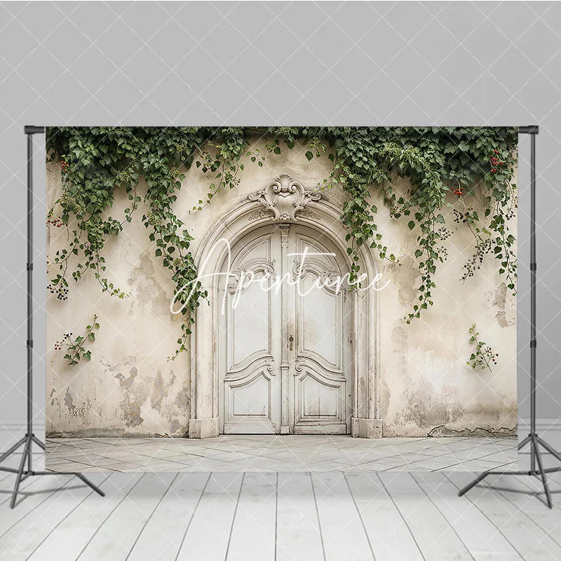 Aperturee - Aperturee Rustic Vintage Arched Door Photography Backdrop with Ornate Carvings Weathered Wall and Green Ivy Vines