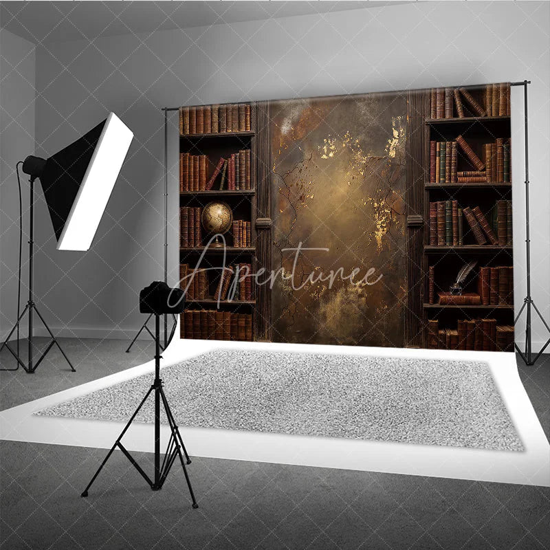 Aperturee - Aperturee Rustic Vintage Library Bookshelf Photography Backdrop with Old Books Distressed Gold Textured Wall and Antique Globe.