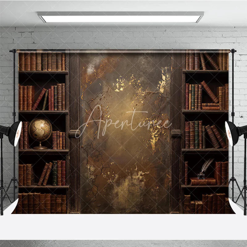Aperturee - Aperturee Rustic Vintage Library Bookshelf Photography Backdrop with Old Books Distressed Gold Textured Wall and Antique Globe.