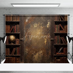 Aperturee - Aperturee Rustic Vintage Library Bookshelf Photography Backdrop with Old Books Distressed Gold Textured Wall and Antique Globe.