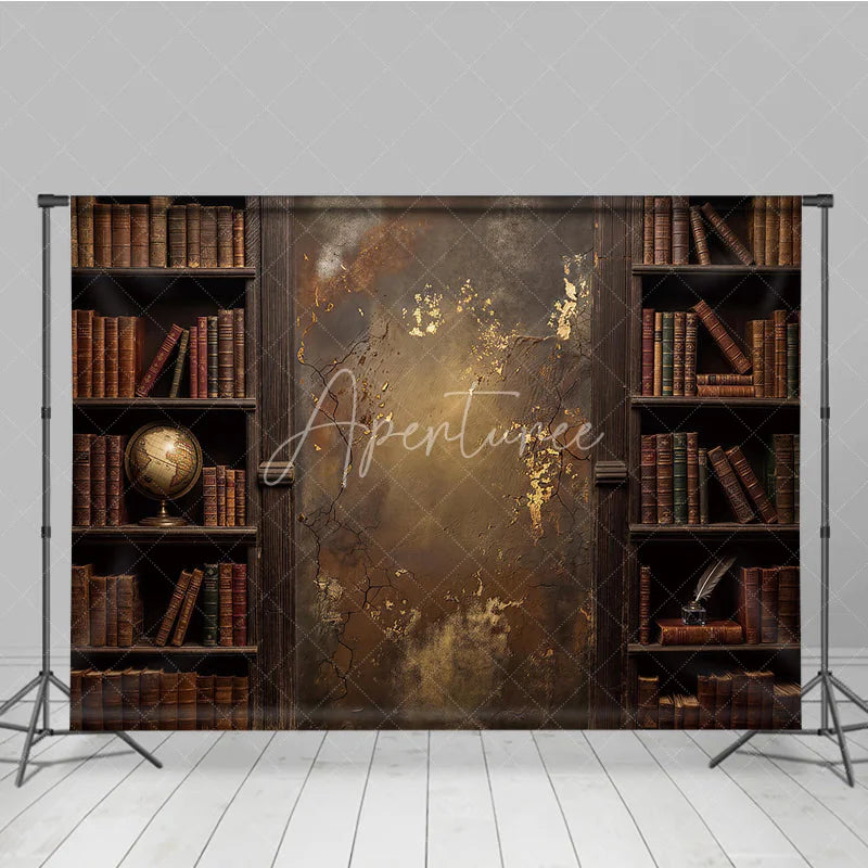 Aperturee - Aperturee Rustic Vintage Library Bookshelf Photography Backdrop with Old Books Distressed Gold Textured Wall and Antique Globe.