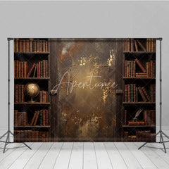 Aperturee - Aperturee Rustic Vintage Library Bookshelf Photography Backdrop with Old Books Distressed Gold Textured Wall and Antique Globe.